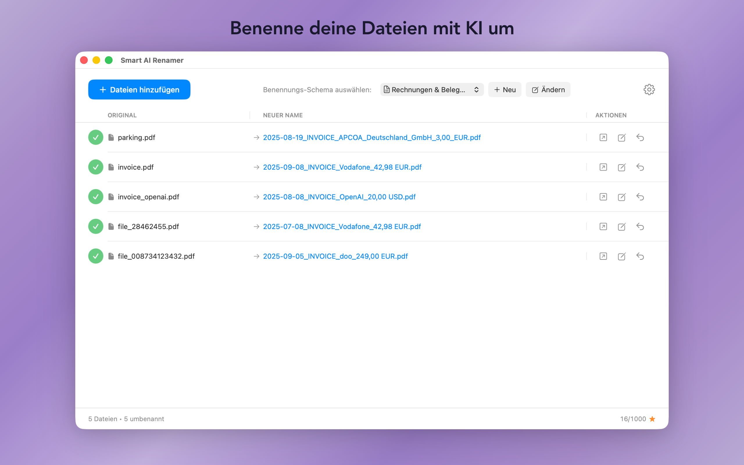 Smart AI Renamer App-Screenshot mit Umbenennungs-Oberfl&auml;che