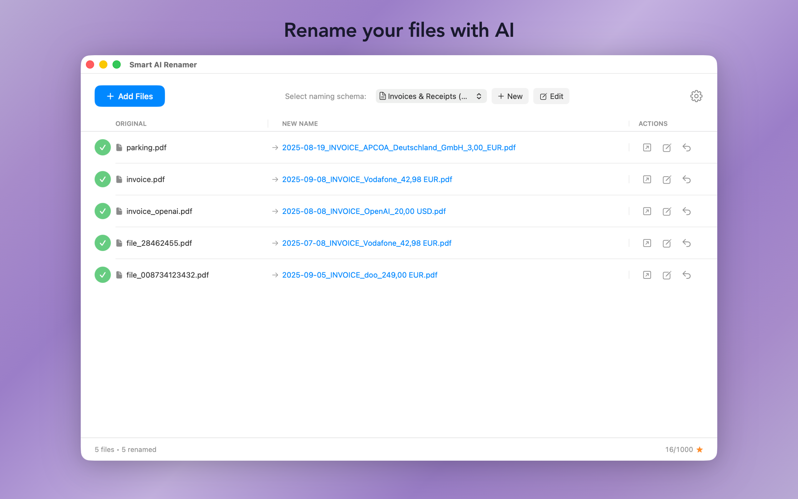 Smart AI Renamer app screenshot showing file renaming interface